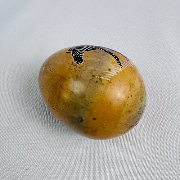 Handcrafted Vintage Kenyan Stone Egg Etched Zebra Design Paperweight - Picture 8 of 8